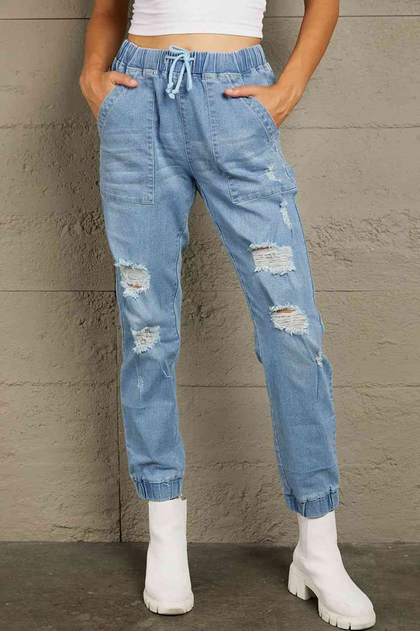  Distressed Denim Pocketed Joggers Trendsi