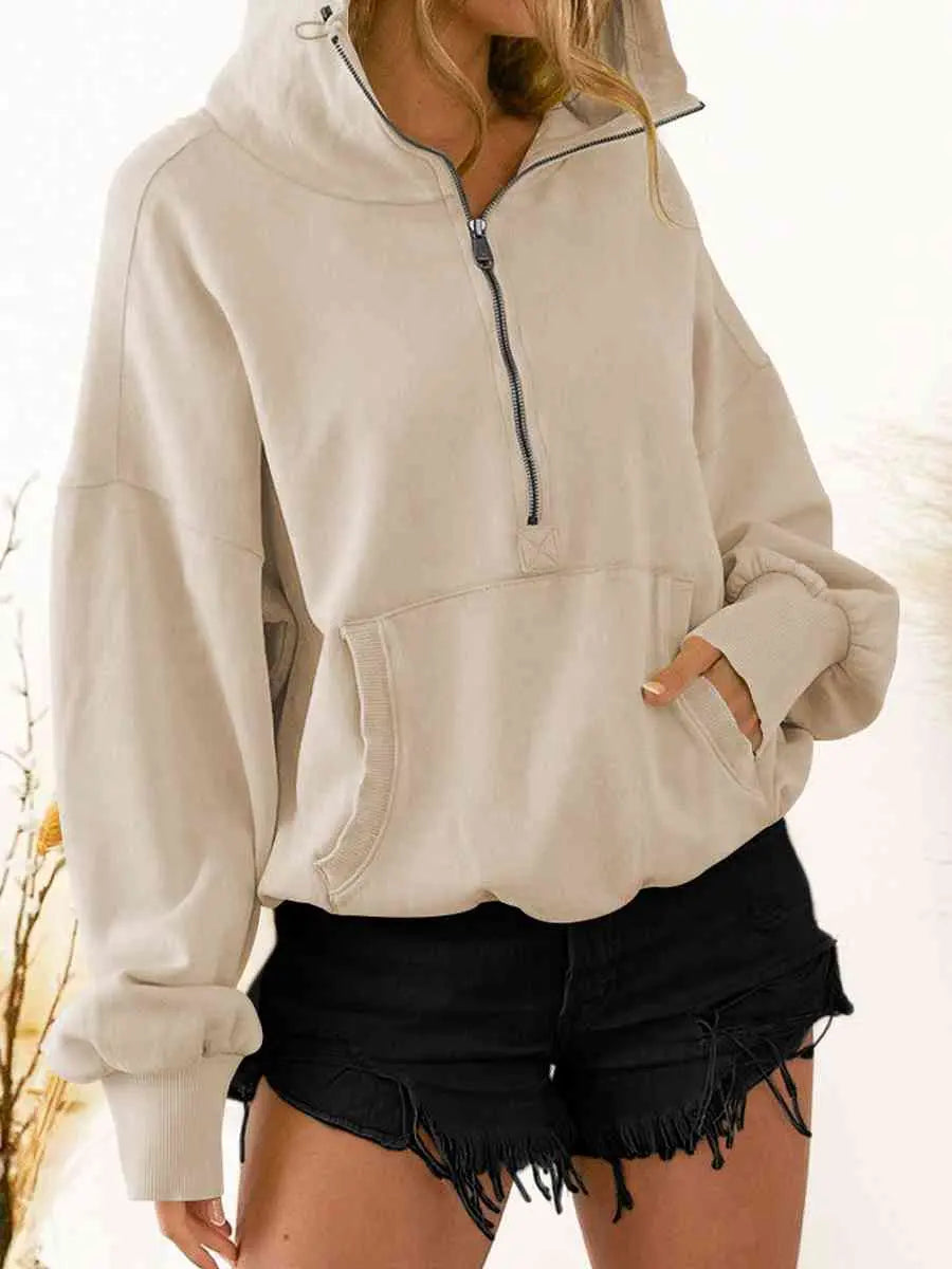 Zip-Up Dropped Shoulder Hoodie Trendsi