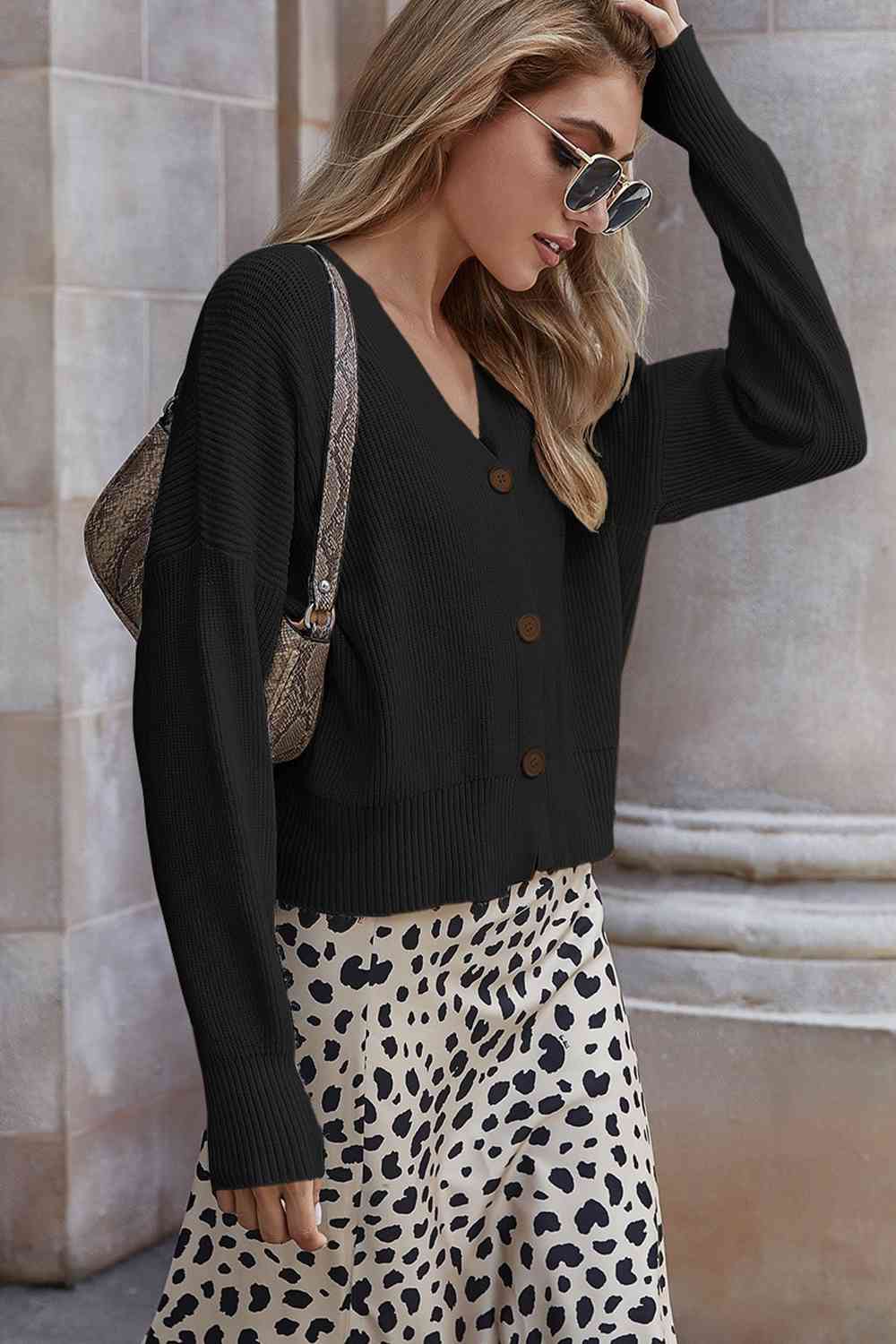 V-Neck Dropped Shoulder Cardigan Trendsi