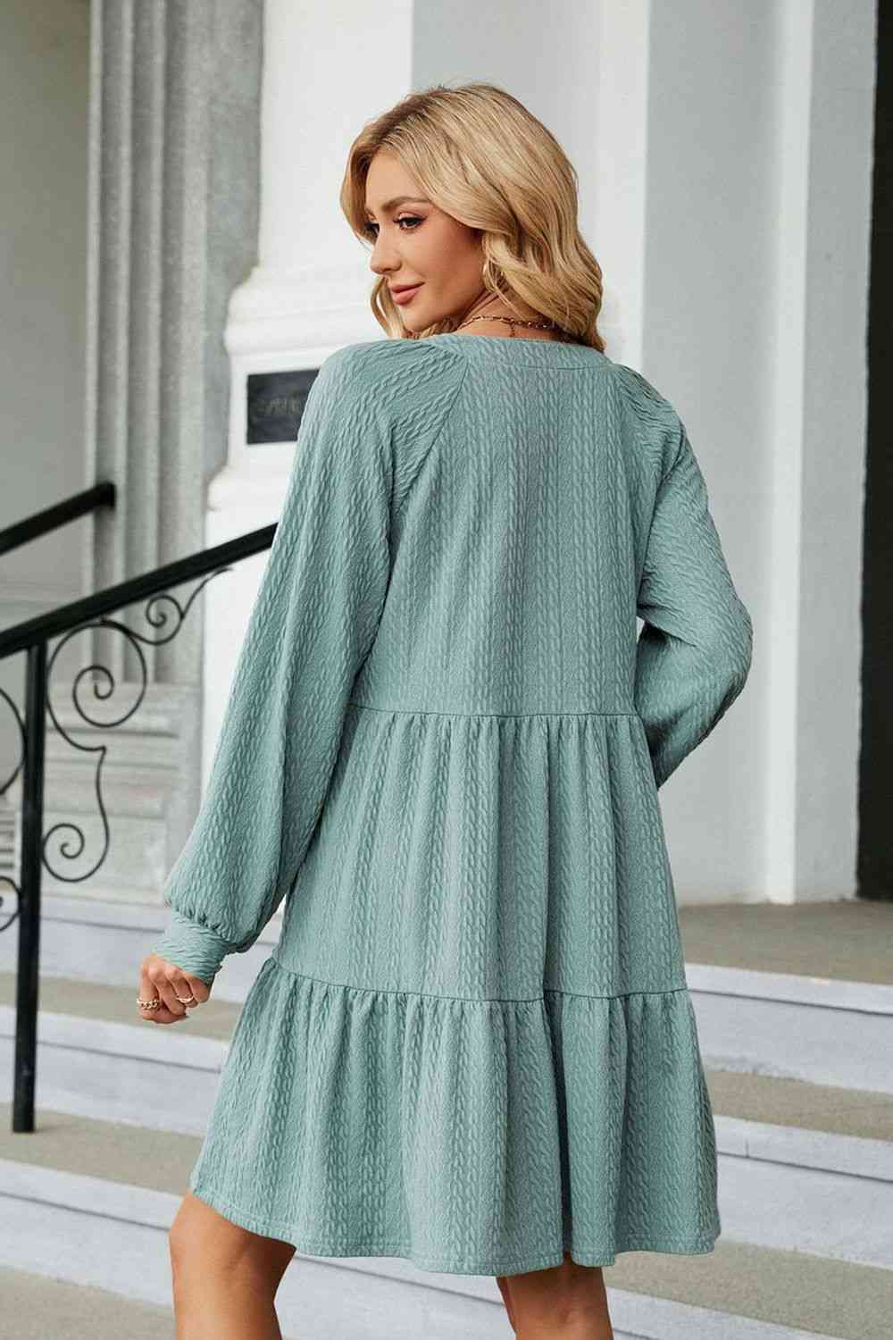 Notched Neck Long Sleeve Mini Dress Bazaarbey