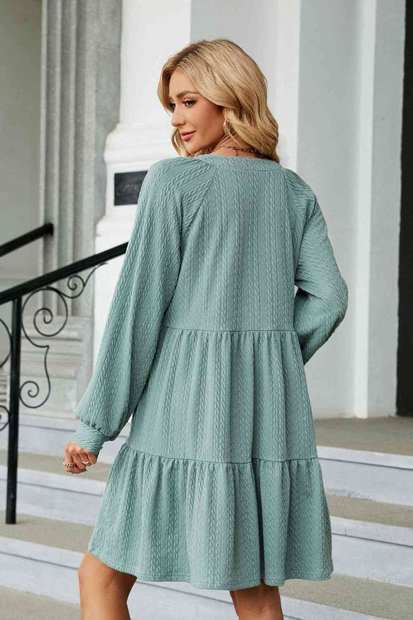 Notched Neck Long Sleeve Mini Dress Bazaarbey