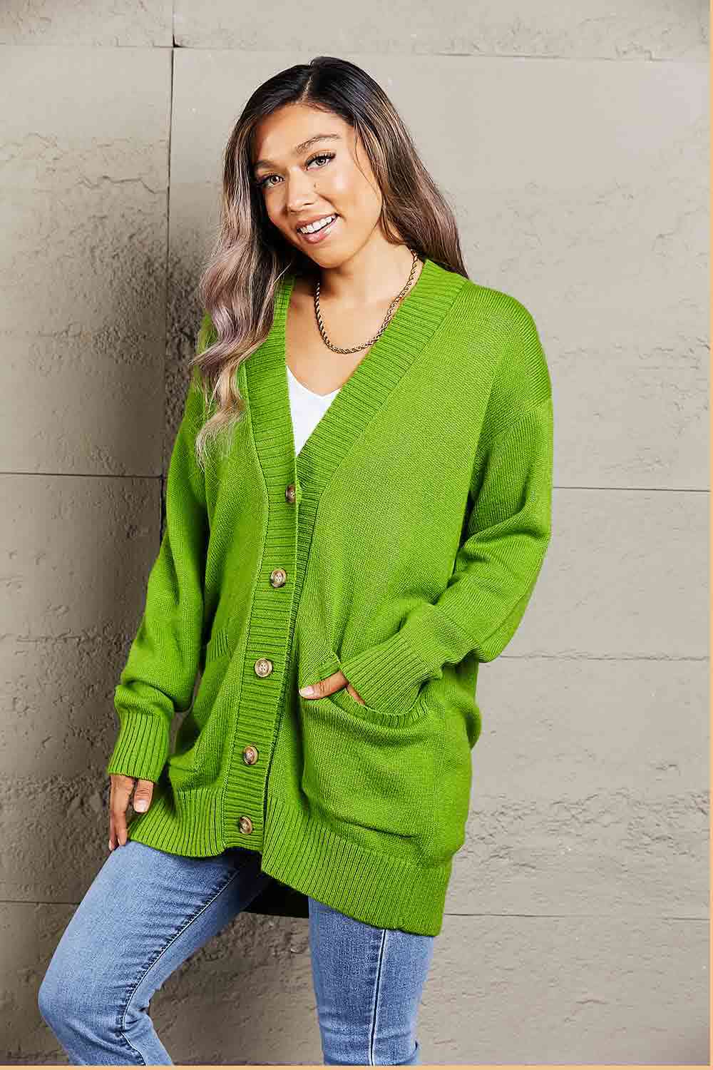  Ribbed Trim Dropped Shoulder Pocketed Cardigan Trendsi