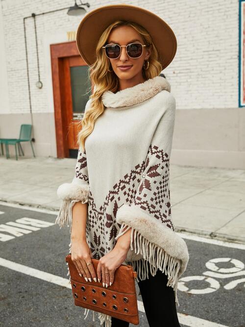 Fringe Geometric Cape Sleeve Poncho Bazaarbey