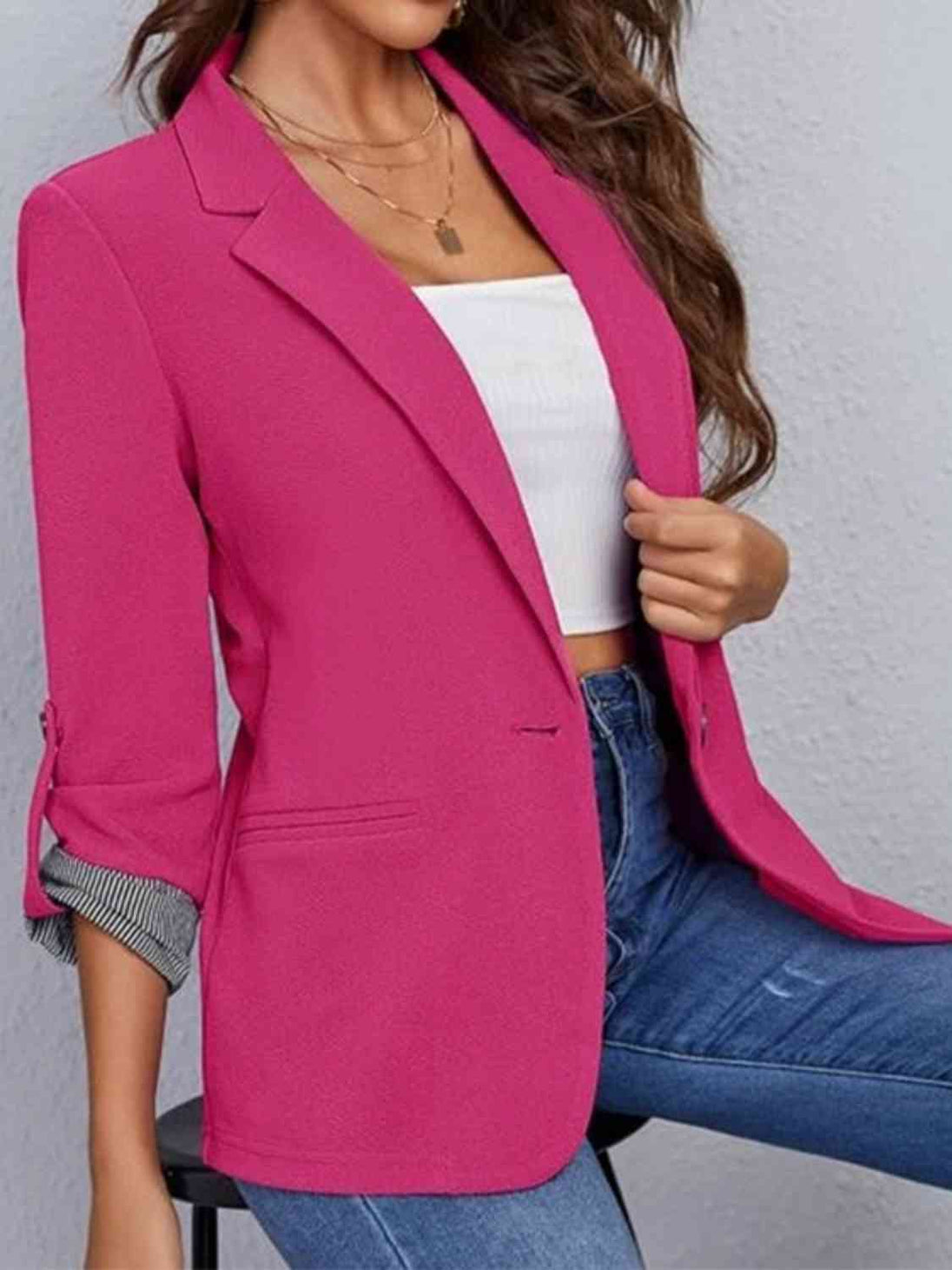 Lapel Collar Roll-Tab Sleeve Blazer Bazaarbey