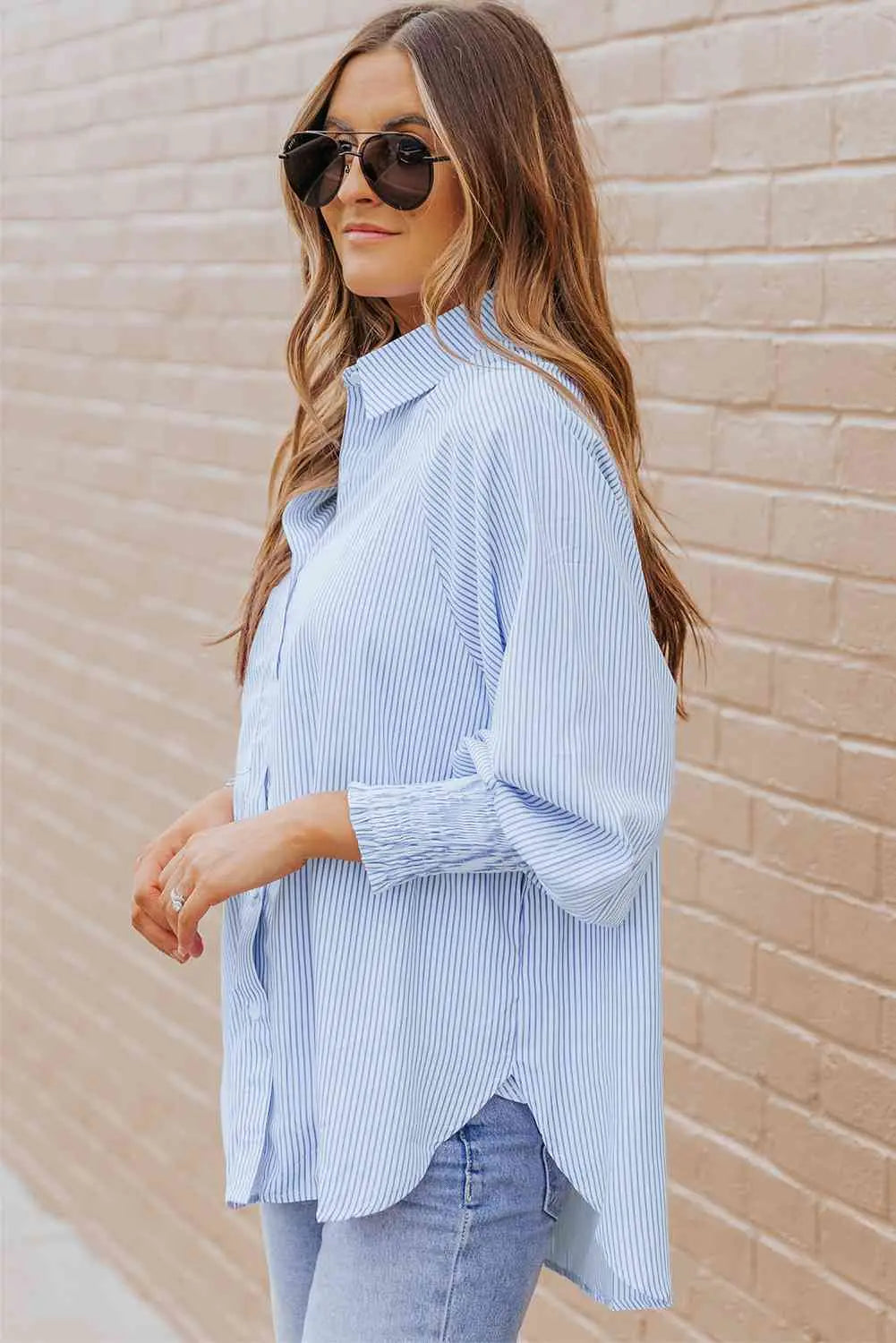 Striped Lantern Sleeve Collared Shirt Trendsi