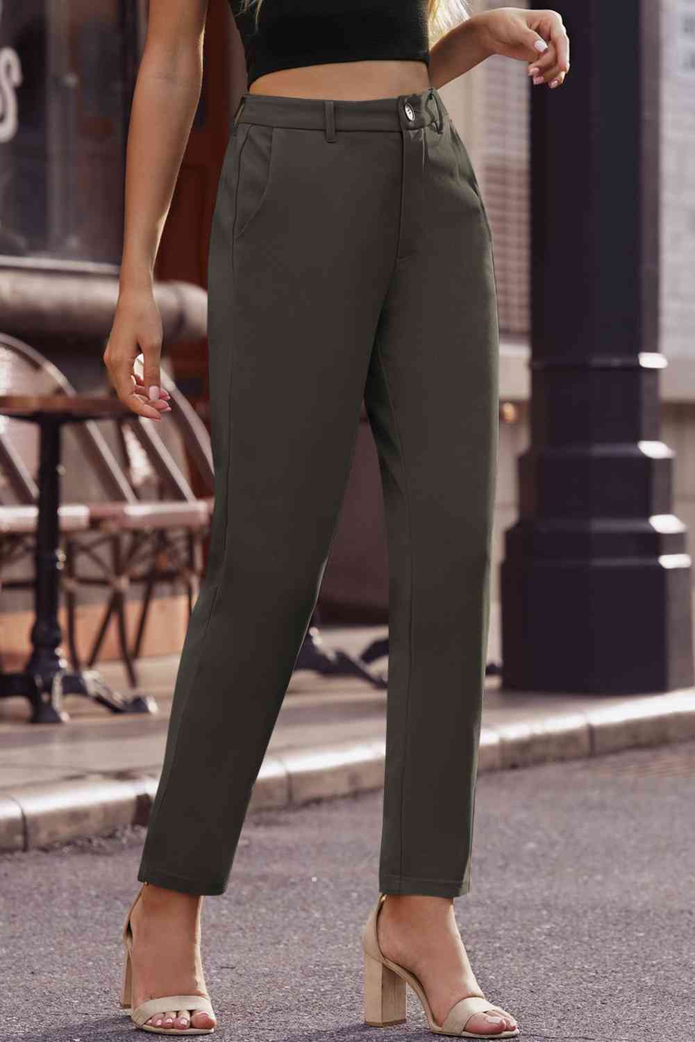 Ankle-Length Straight Leg Pants with Pockets Bazaarbey