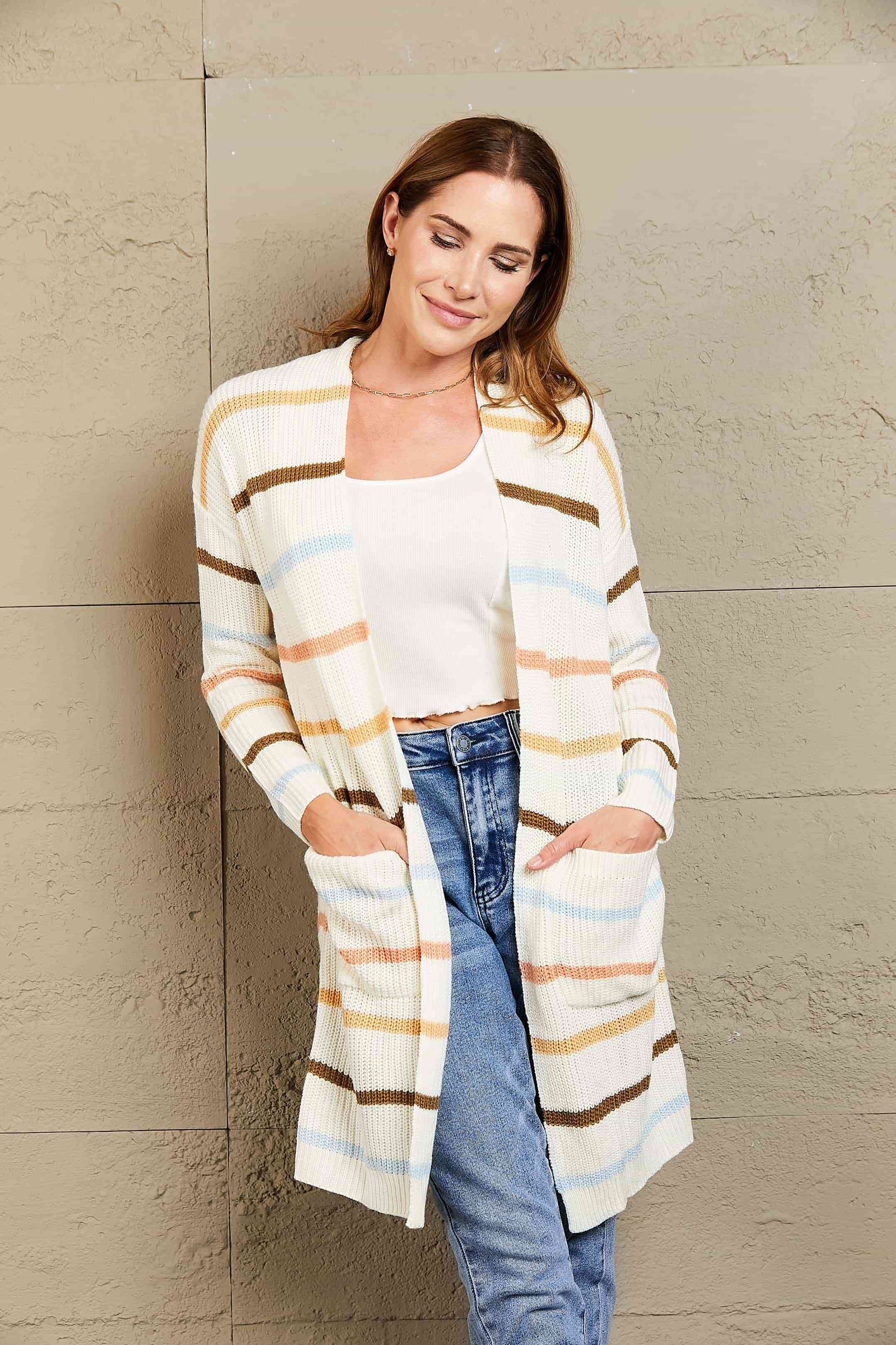 Woven Right Striped Rib-Knit Open Front Pocketed Cardigan Trendsi