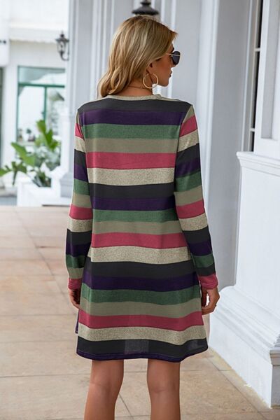 Striped Round Neck Long Sleeve Dress Bazaarbey