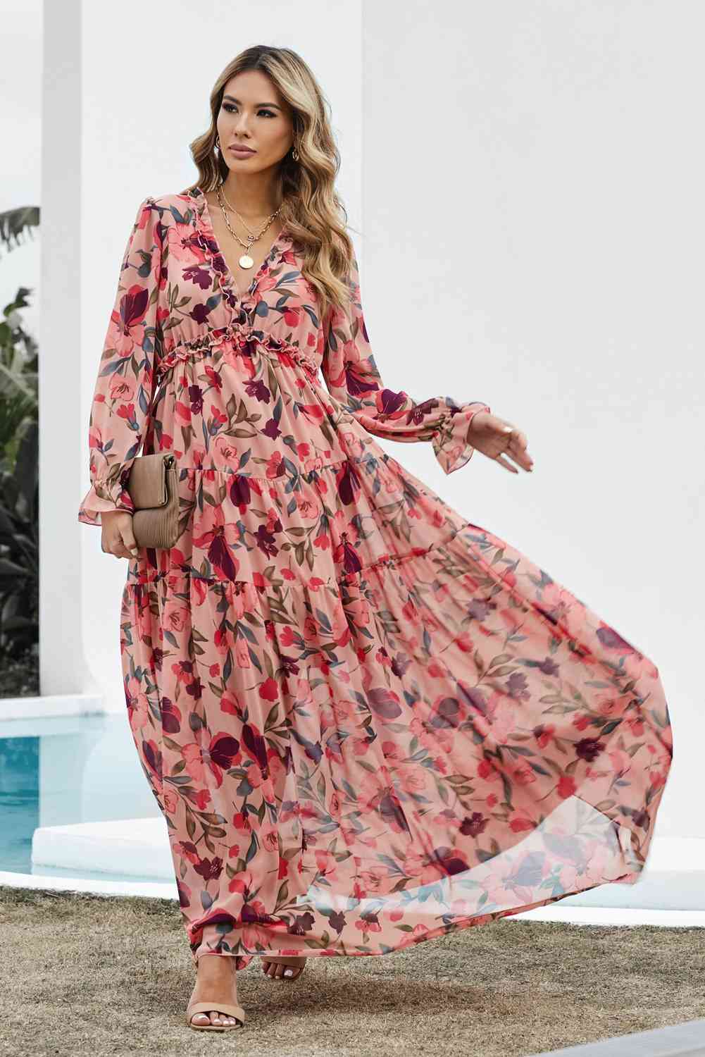 Floral Frill Trim Flounce Sleeve Plunge Maxi Dress Bazaarbey