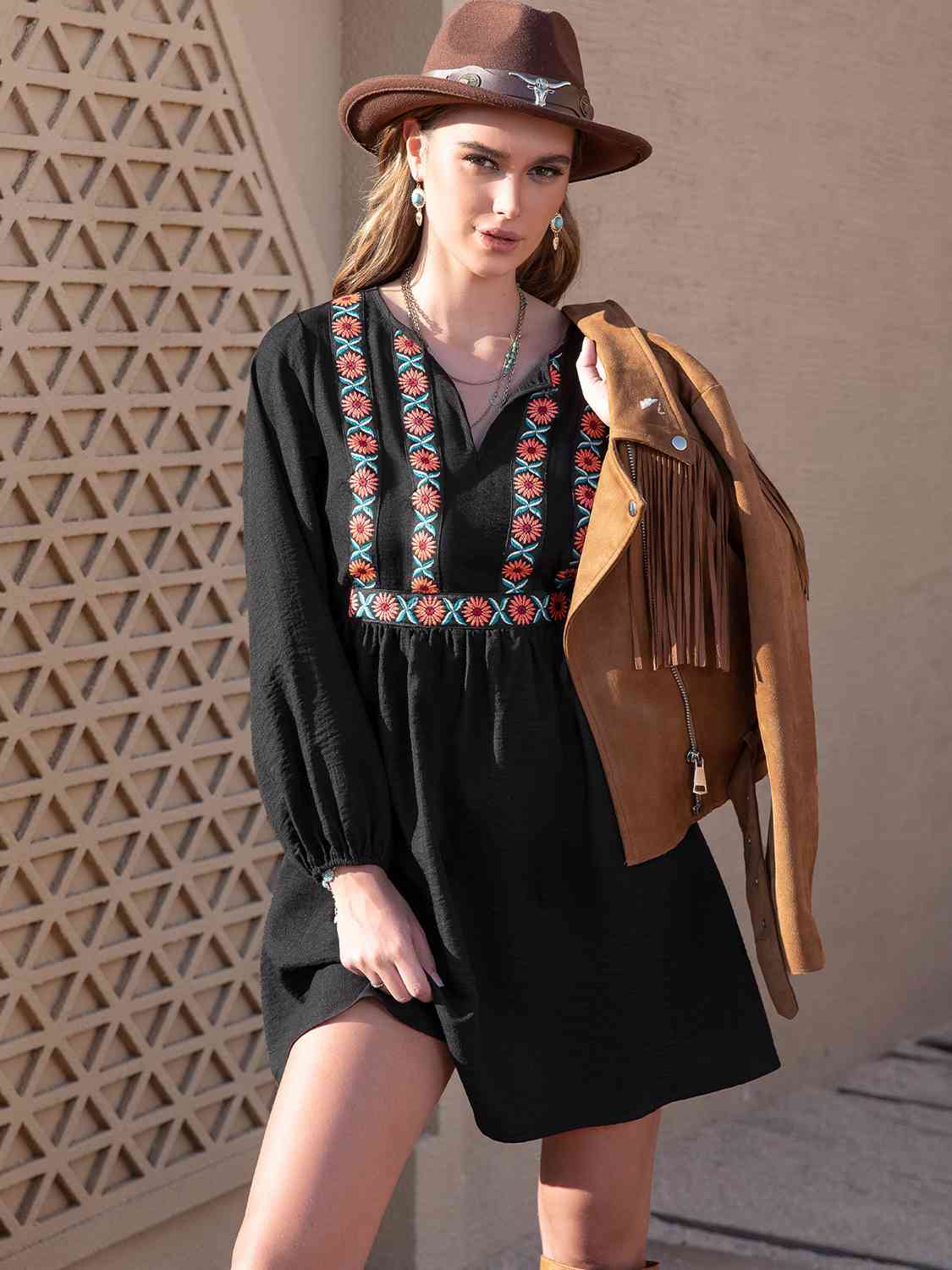 Notched Neck Long Sleeve Printed Mini Dress -BazaarBey - www.shopbazaarbey.com