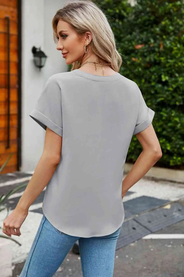 Notched Neck Cuffed Sleeve Shirt Bazaarbey