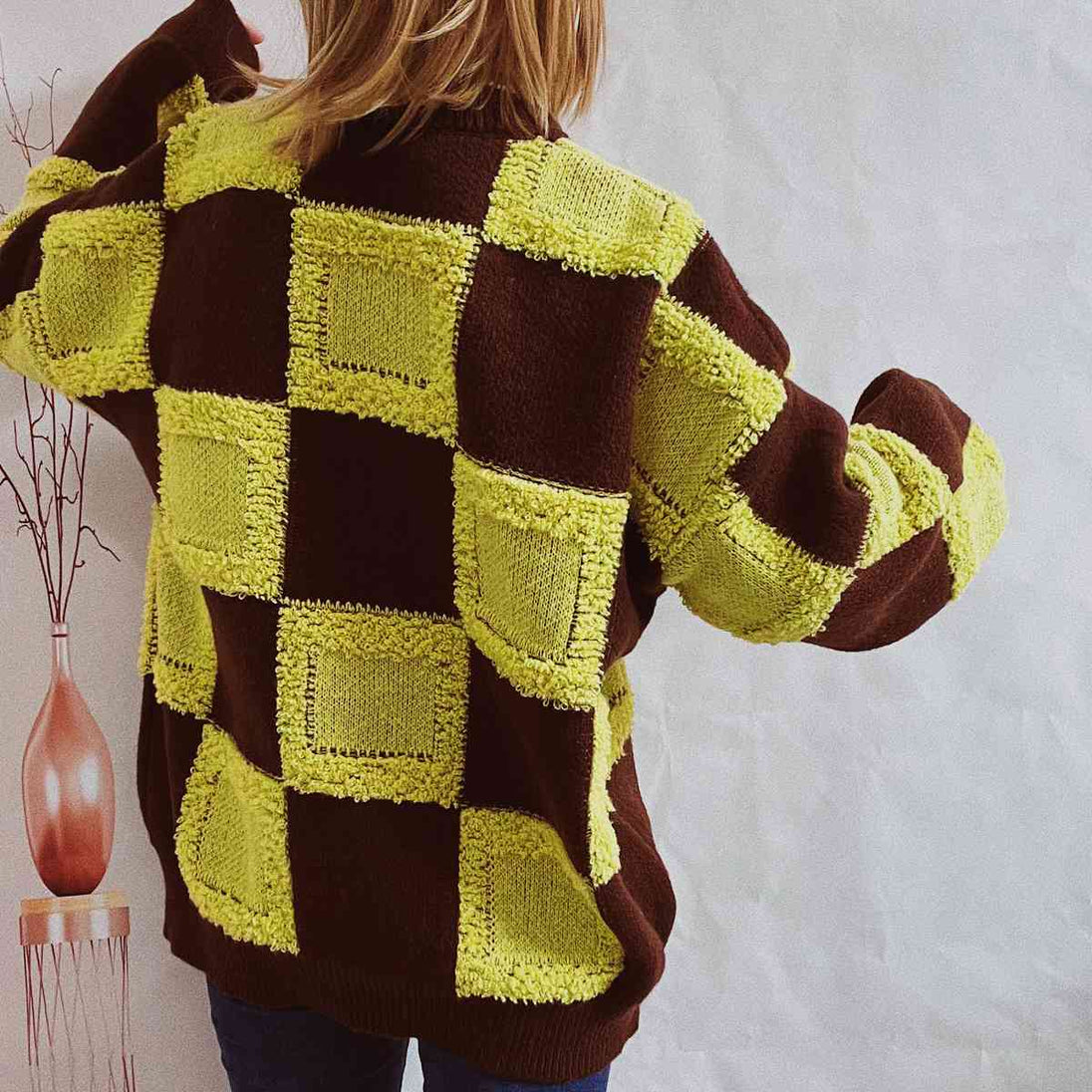 Checkered Round Neck Long Sleeve Sweater Bazaarbey