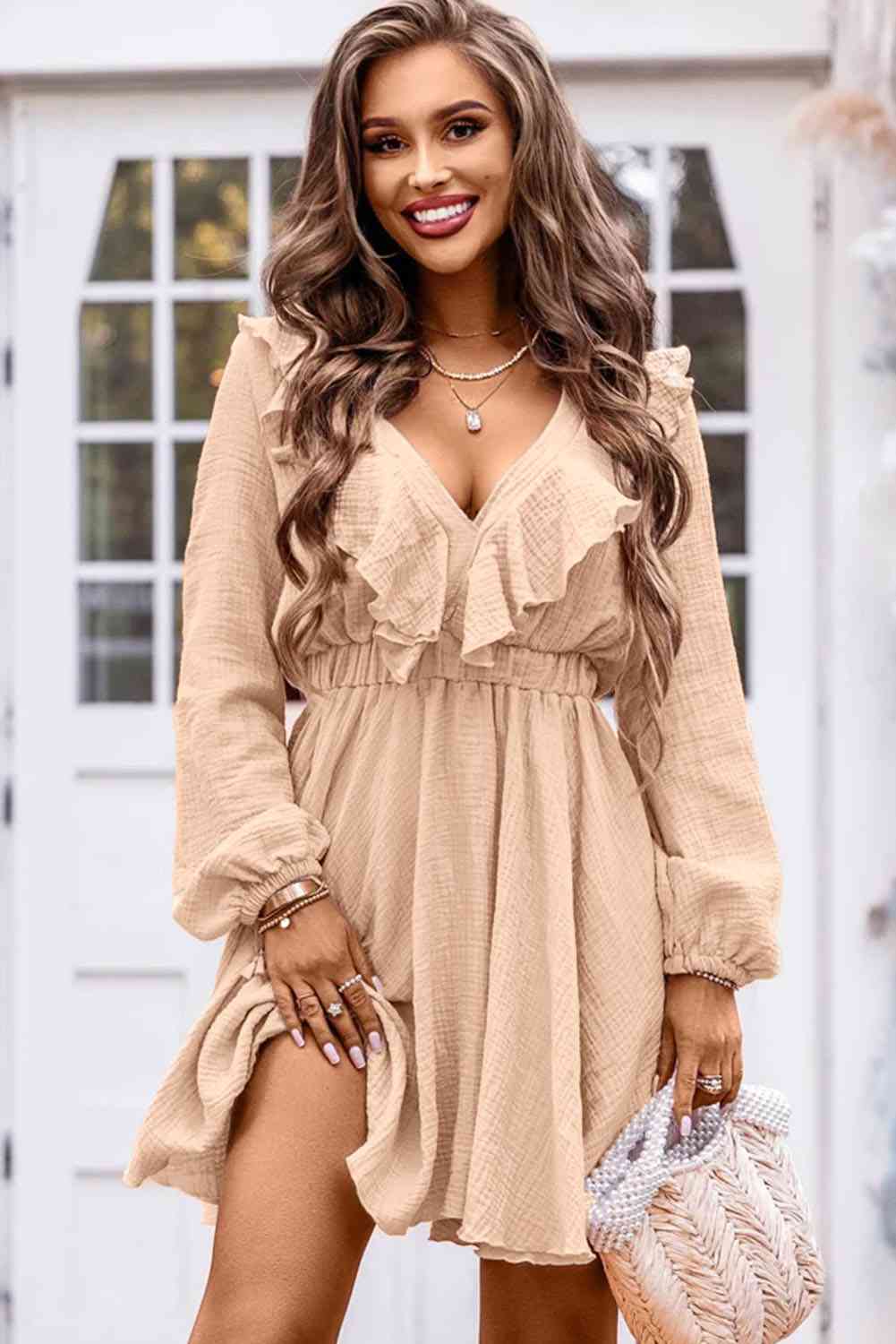 Ruffle Trim V-Neck Long Sleeve Mini Dress Bazaarbey