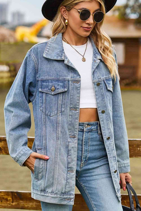 Buttoned Collared Neck Denim Jacket with Pockets Bazaarbey