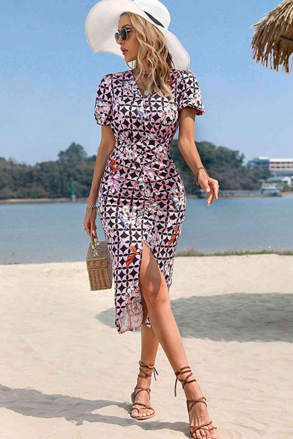 Floral Geometric  Neck Front Slit Dress -BazaarBey - www.shopbazaarbey.com