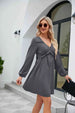 Frill Trim V-Neck Long Sleeve Dress -BazaarBey - www.shopbazaarbey.com