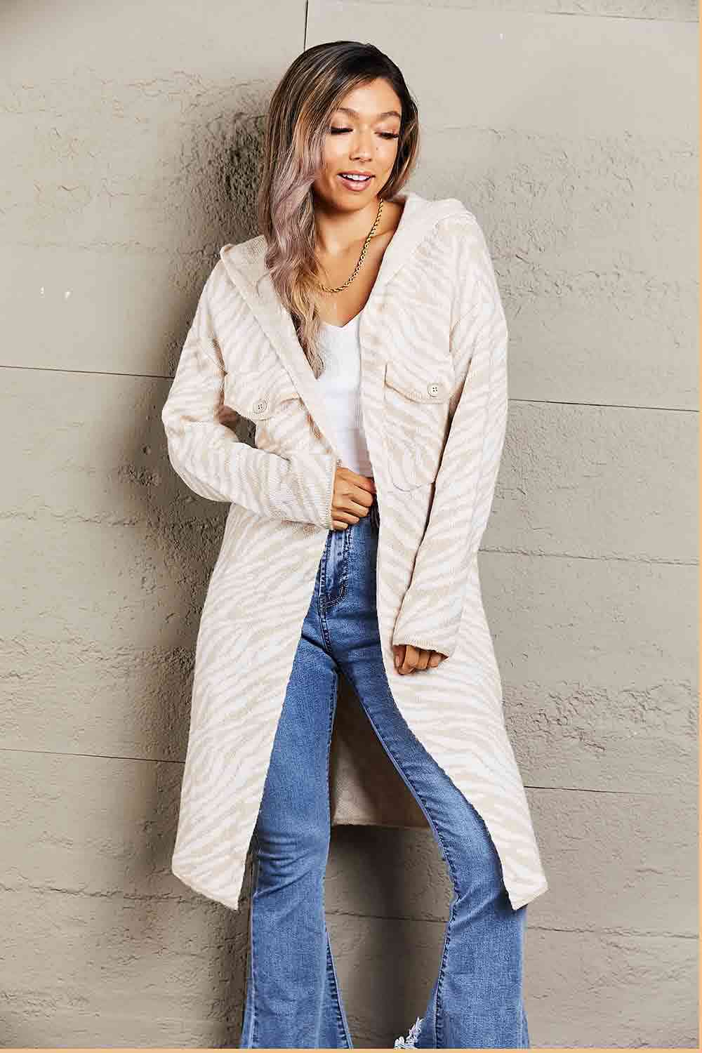  Printed  Hooded  Cardigan Trendsi