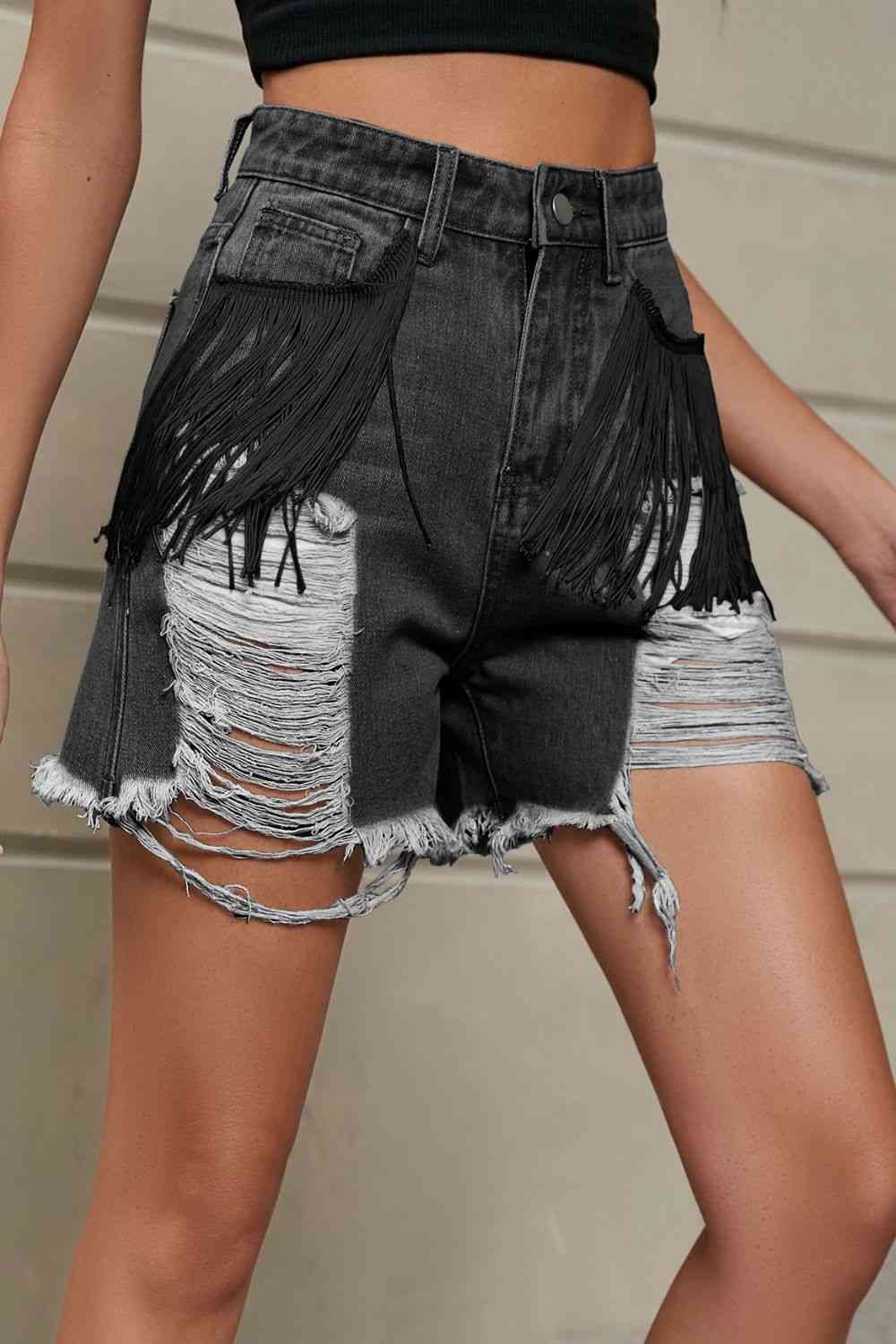 Fringe Trim Distressed Denim Shorts with Pockets Bazaarbey