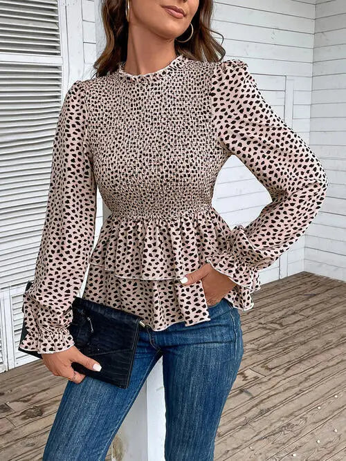 Printed Round Neck Smocked Flounce Sleeve T-Shirt Bazaarbey