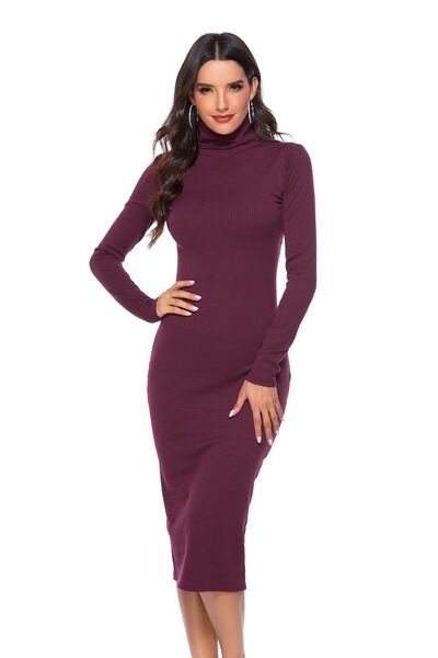 Ribbed Turtleneck Long Sleeve Dress -BazaarBey - www.shopbazaarbey.com