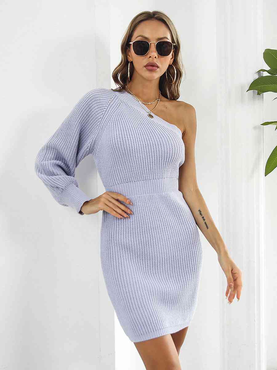 One-Shoulder Mini Sweater Dress Bazaarbey