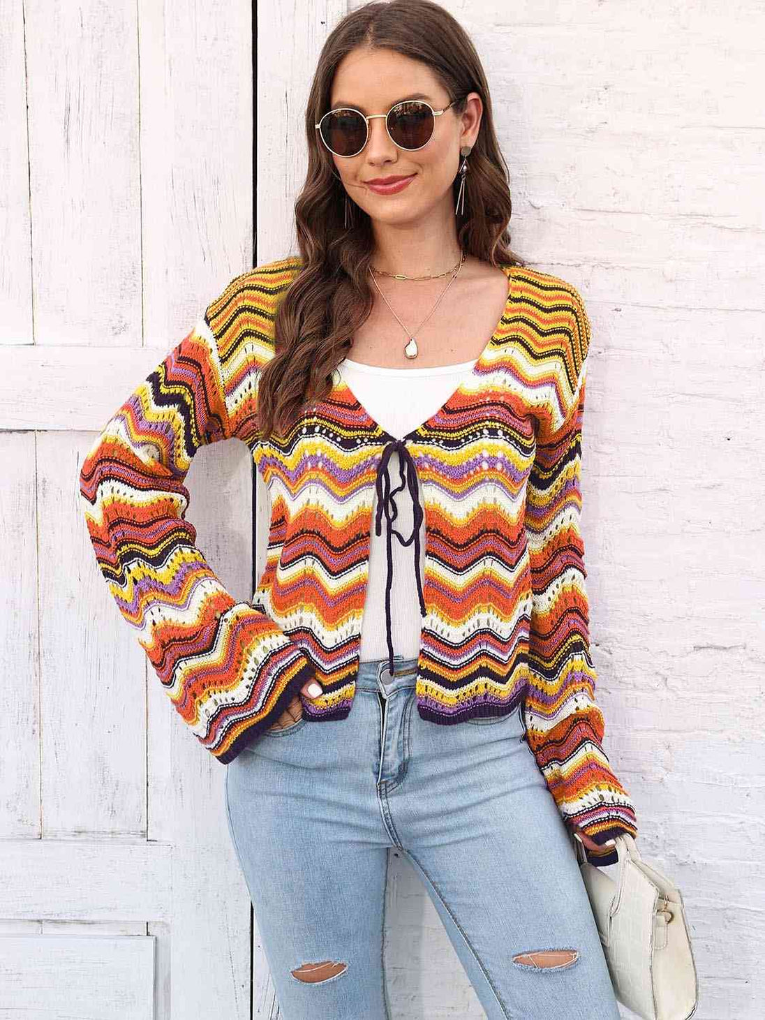 Striped  Tied Cardigan Trendsi