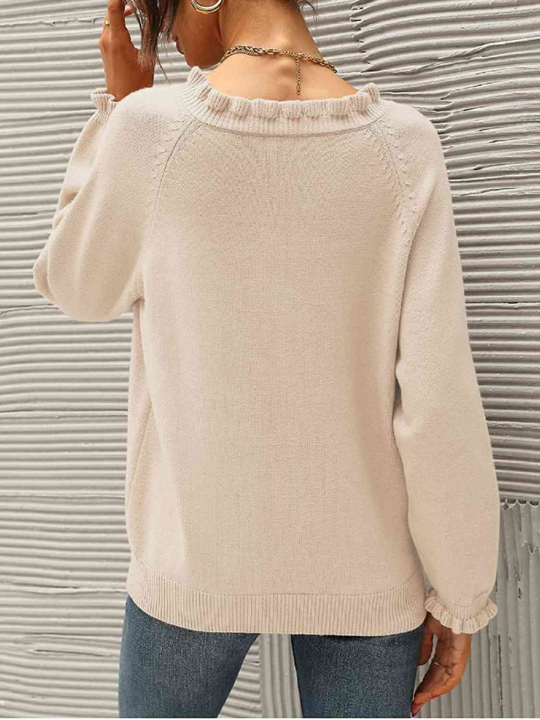 Ruffled Quarter-Button Sweater Bazaarbey