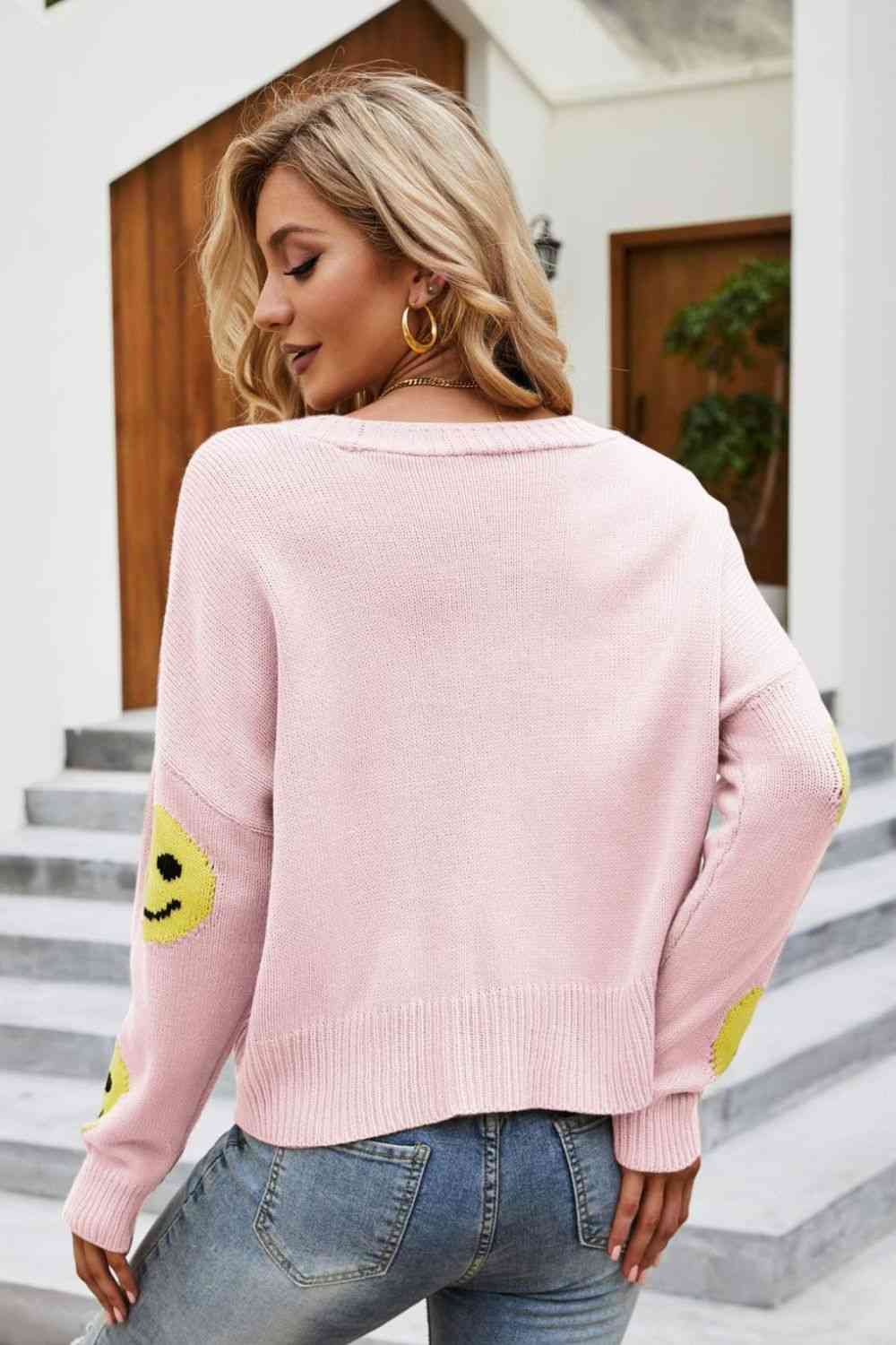 Smiley Face Ribbed Trim V-Neck Cardigan Trendsi