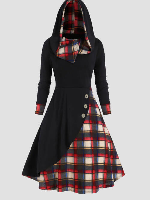 Plus Size Plaid Buttoned Long Sleeve Hooded Dress -BazaarBey - www.shopbazaarbey.com