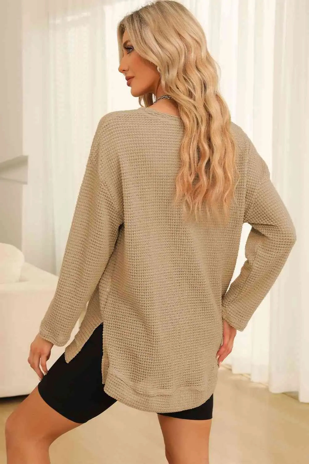 Waffle-Knit Round Neck Long Sleeve Sweatshirt Trendsi