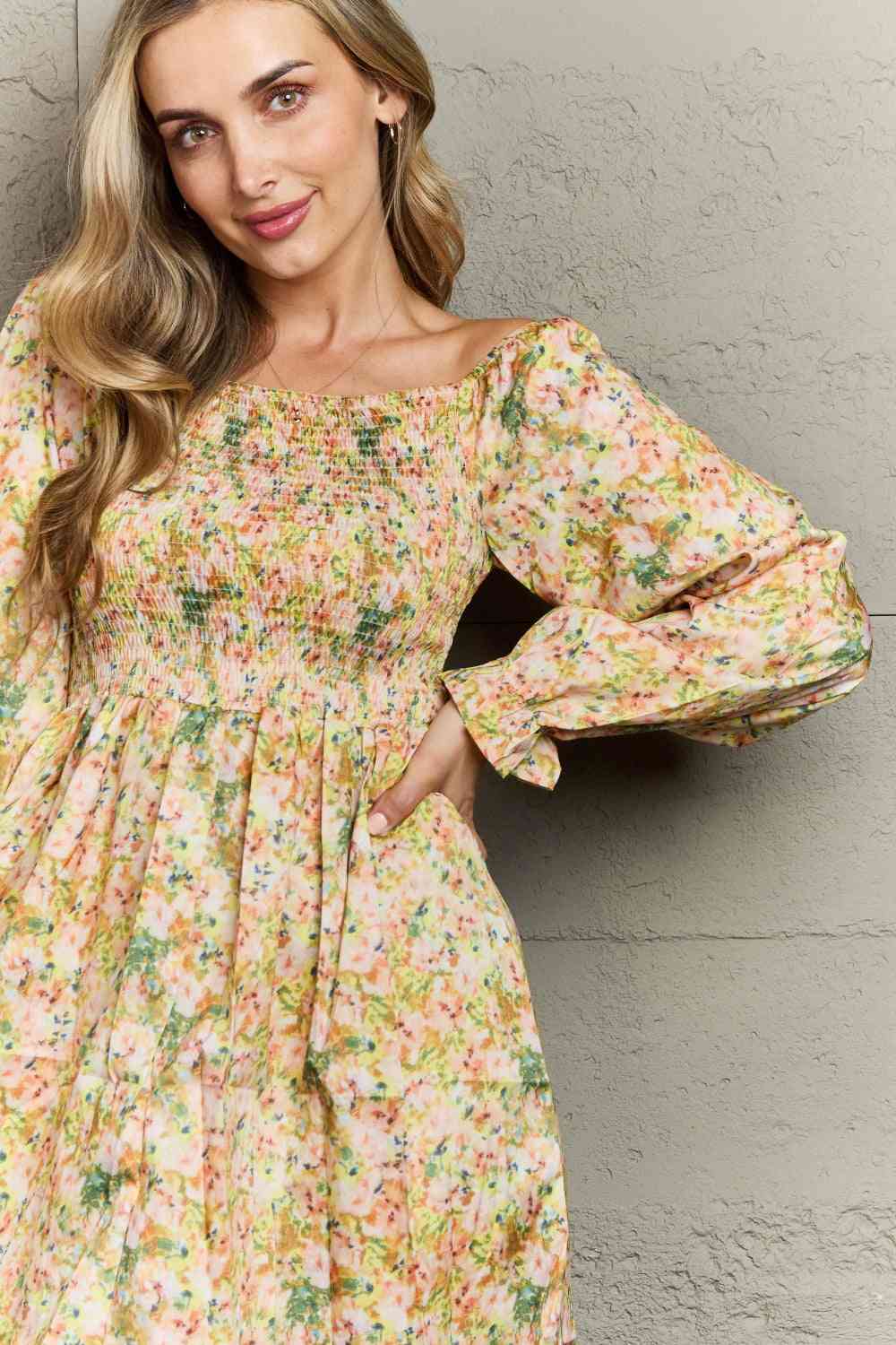 Floral Smocked Square Neck Dress -BazaarBey - www.shopbazaarbey.com