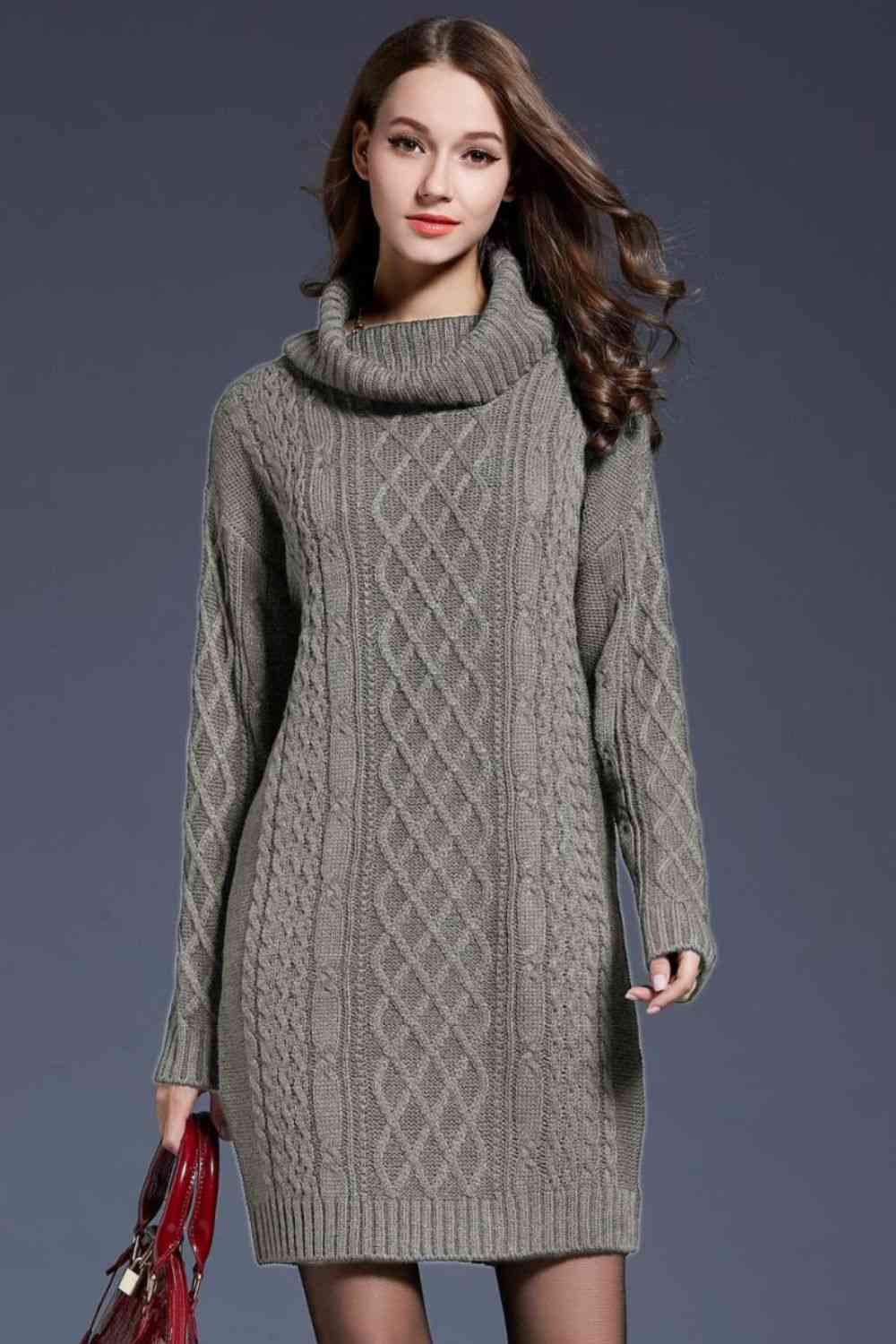 Woven Right Full Size Mixed Knit Cowl Neck Dropped Shoulder Sweater Dress Bazaarbey