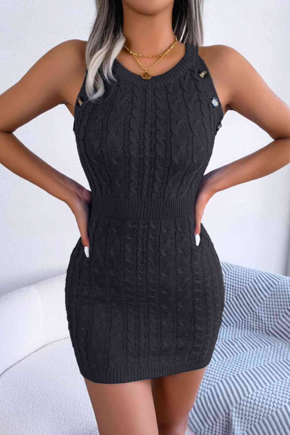 Decorative Button Sleeveless Cable-Knit Dress Bazaarbey