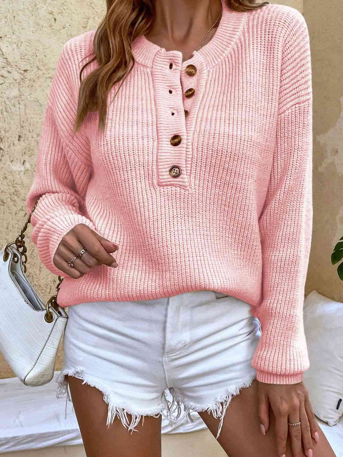 Round Neck Ribbed Button-Down Sweater Bazaarbey