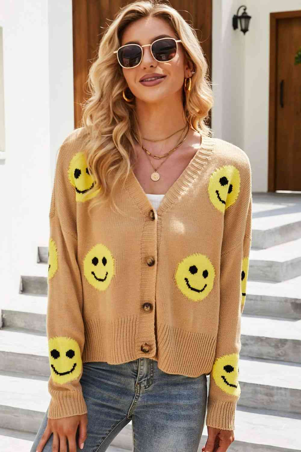 Smiley Face Ribbed Trim V-Neck Cardigan Trendsi