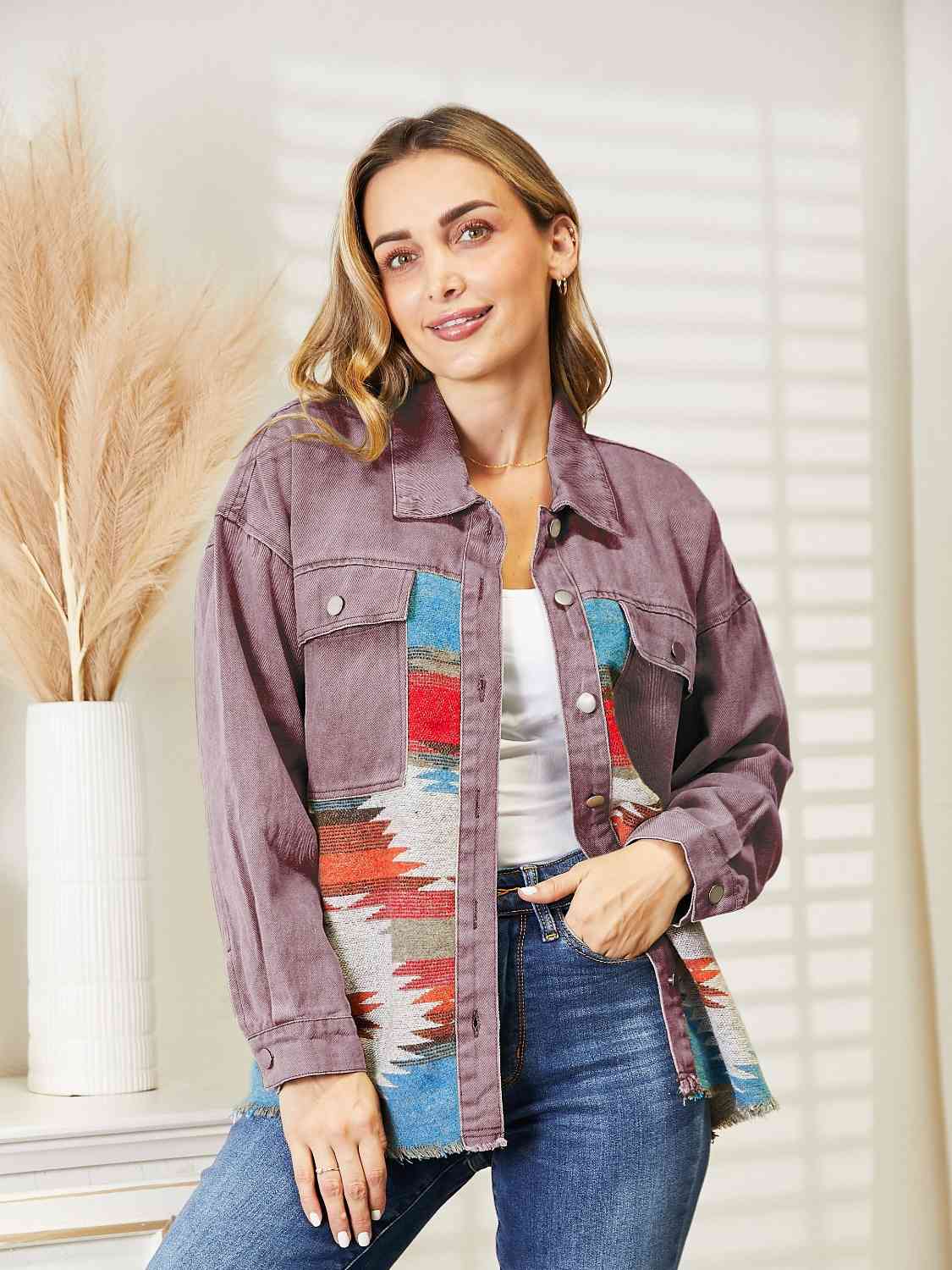 Dropped Shoulder Long Sleeve Printed Denim Jacket Bazaarbey