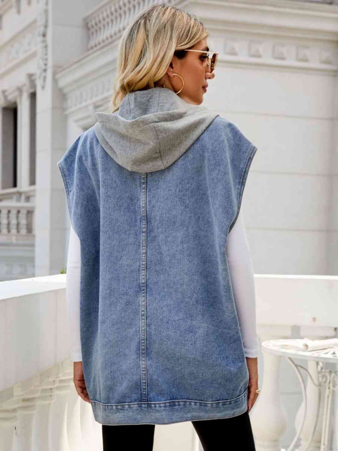 Hooded Sleeveless Denim Top with Pockets Bazaarbey