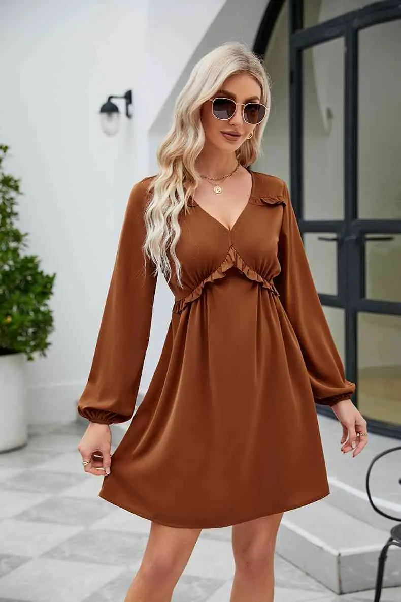 Frill Trim V-Neck Long Sleeve Dress -BazaarBey - www.shopbazaarbey.com