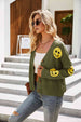 Smiley Face Ribbed Trim V-Neck Cardigan Trendsi