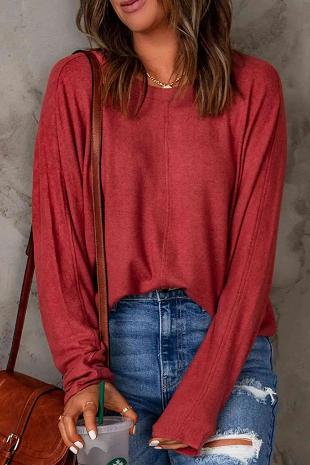 Seam Detail Round Neck Long Sleeve Top Trendsi