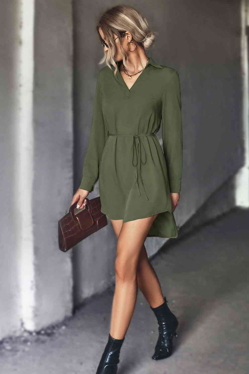 Belted  High-Low Shirt Dress -BazaarBey - www.shopbazaarbey.com