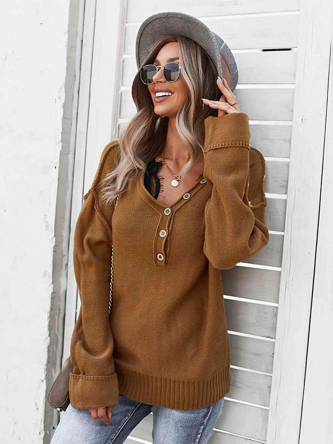 Buttoned Exposed Seam Knit Top Trendsi