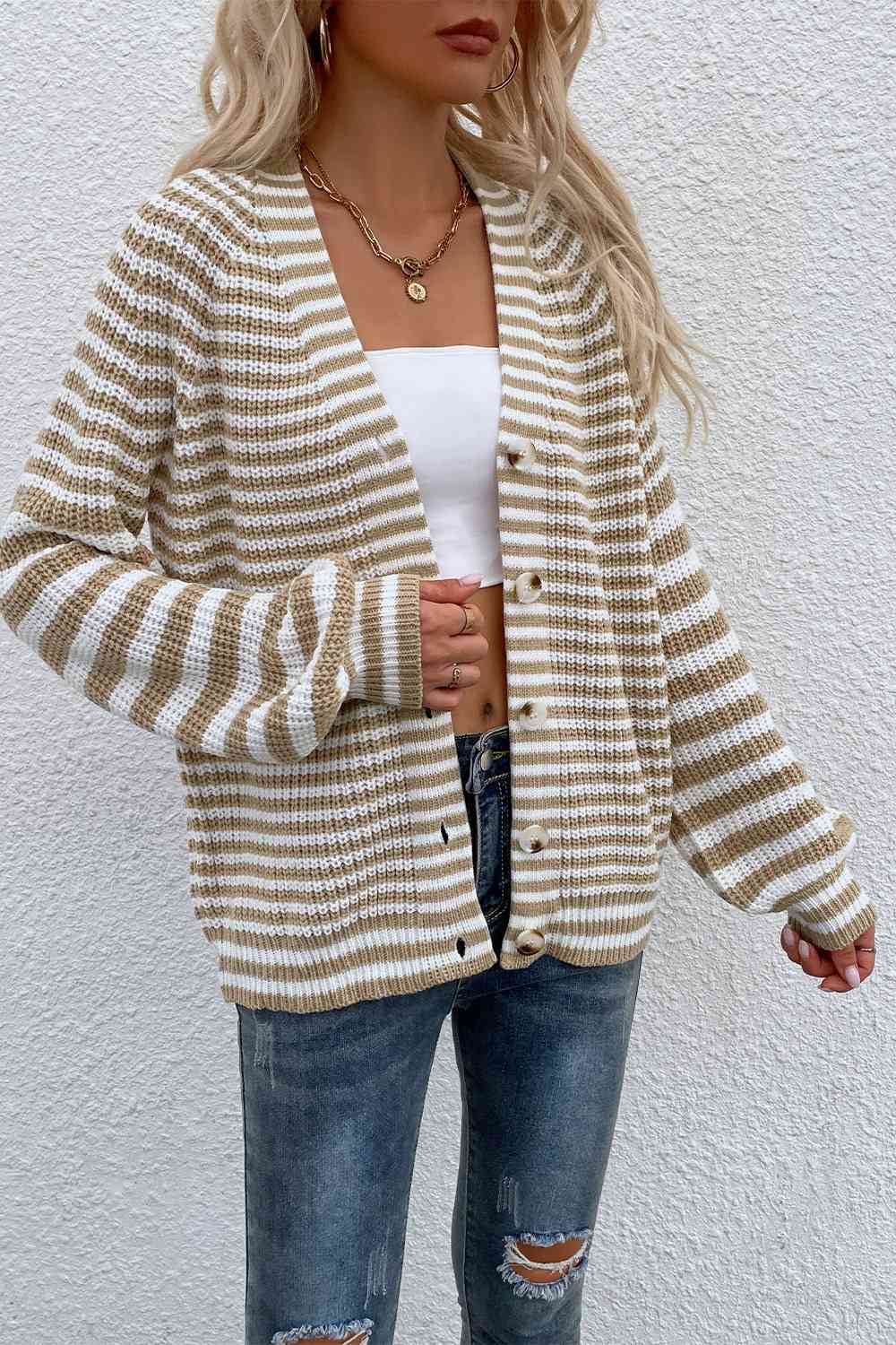 Striped V-Neck Button-Down Cardigan Trendsi