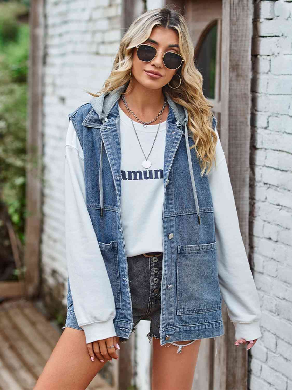 Button Up Sleeveless Denim Jacket with Pockets Bazaarbey