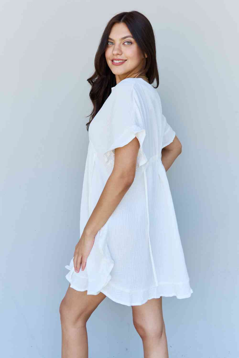 Ninexis Out Of Time Full Size Ruffle Hem Dress with Drawstring Waistband in White Bazaarbey