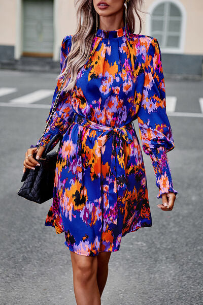 Printed Tie Waist Mock Neck Lantern Sleeve Dress -BazaarBey - www.shopbazaarbey.com