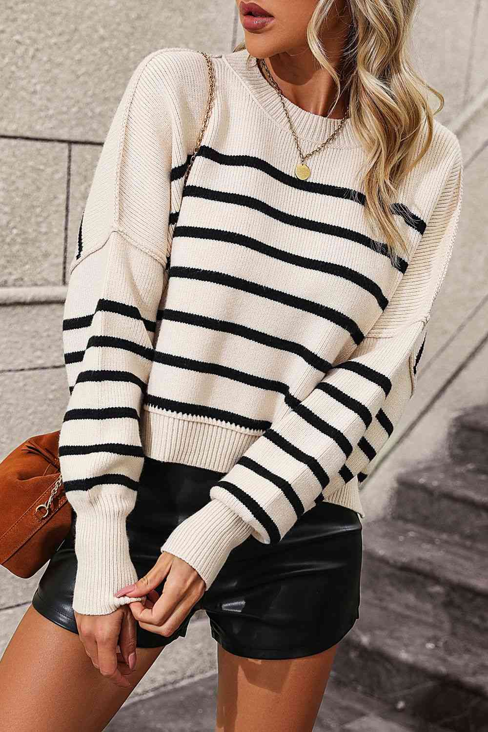 Striped Dropped Shoulder Round Neck Pullover Sweater Bazaarbey