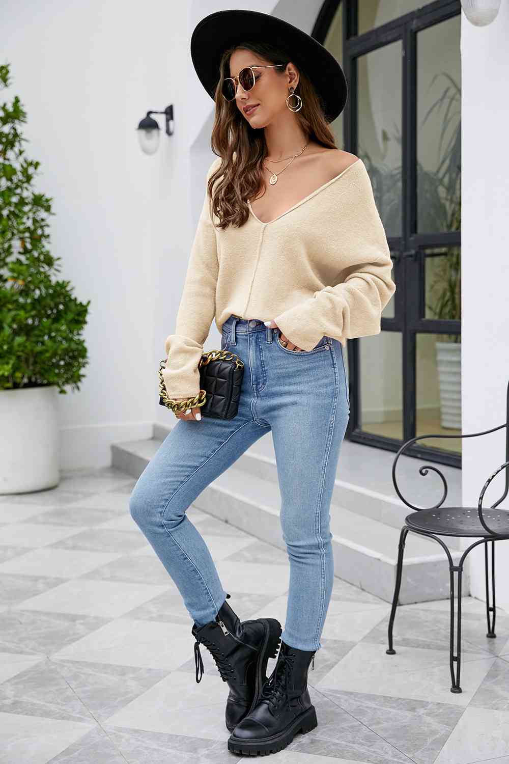 V-Neck Drop Shoulder Long Sleeve Knit Top Bazaarbey