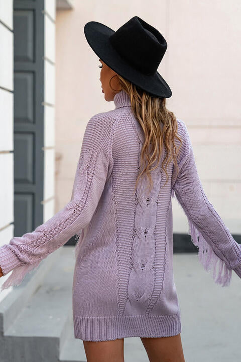 Turtleneck Fringe Detail Sweater Dress Bazaarbey