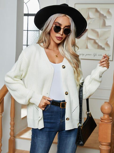 Button Up V-Neck Long Sleeve Cardigan Trendsi